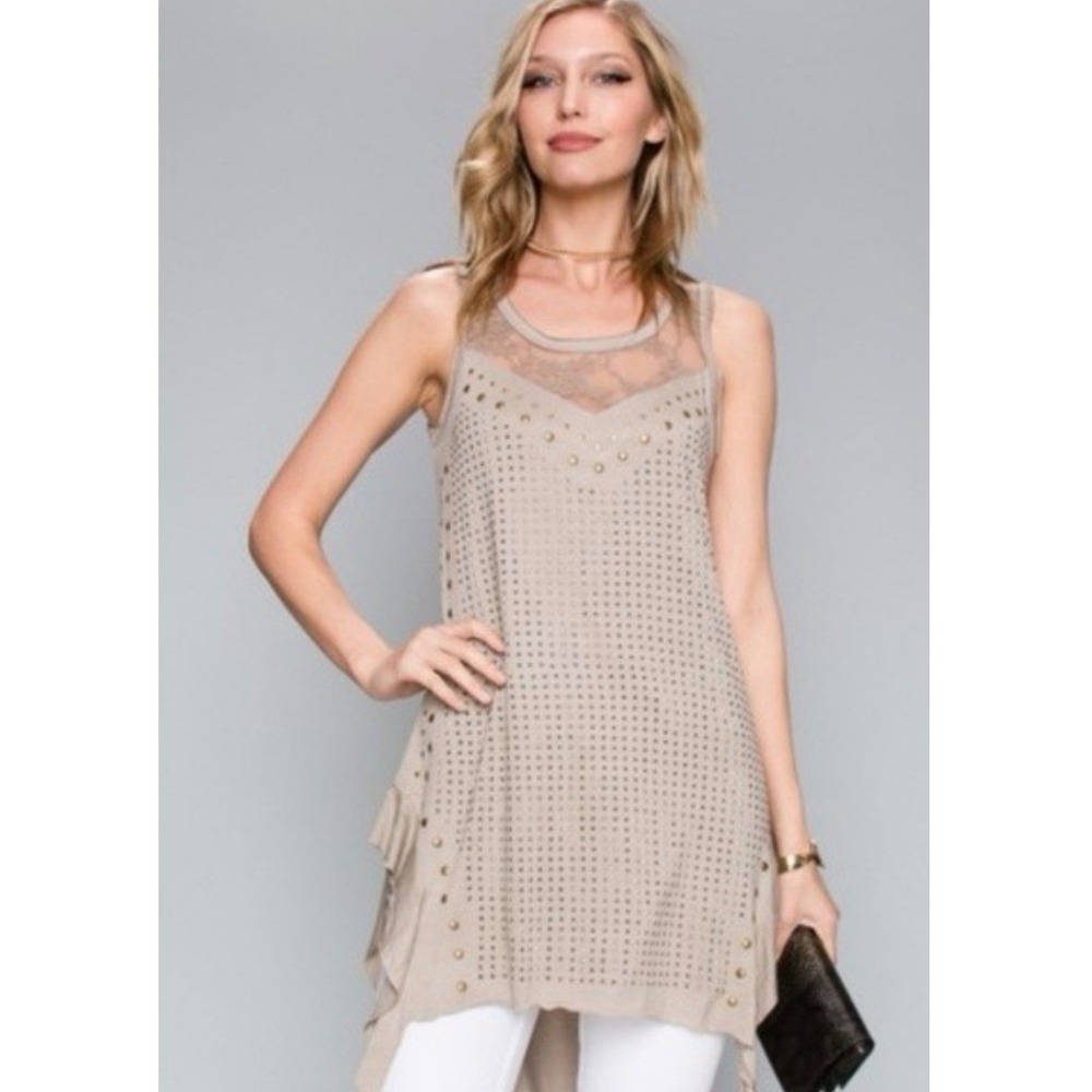 Voice of California Dress Womens Large Tan be Vocal Lace Studded Y2K Sharkbite